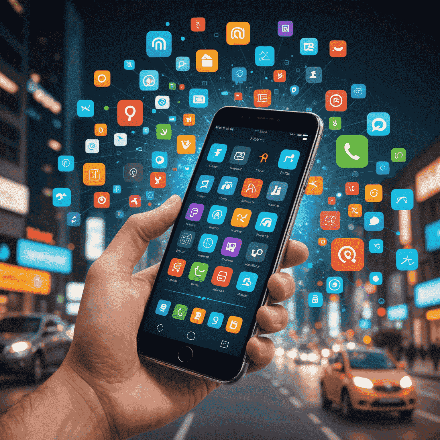 صورة توضيحية لتطبيقات الهاتف المحمول الحديثة في عام 2024، تظهر واجهات مستخدم متطورة وتقنيات الواقع المعزز