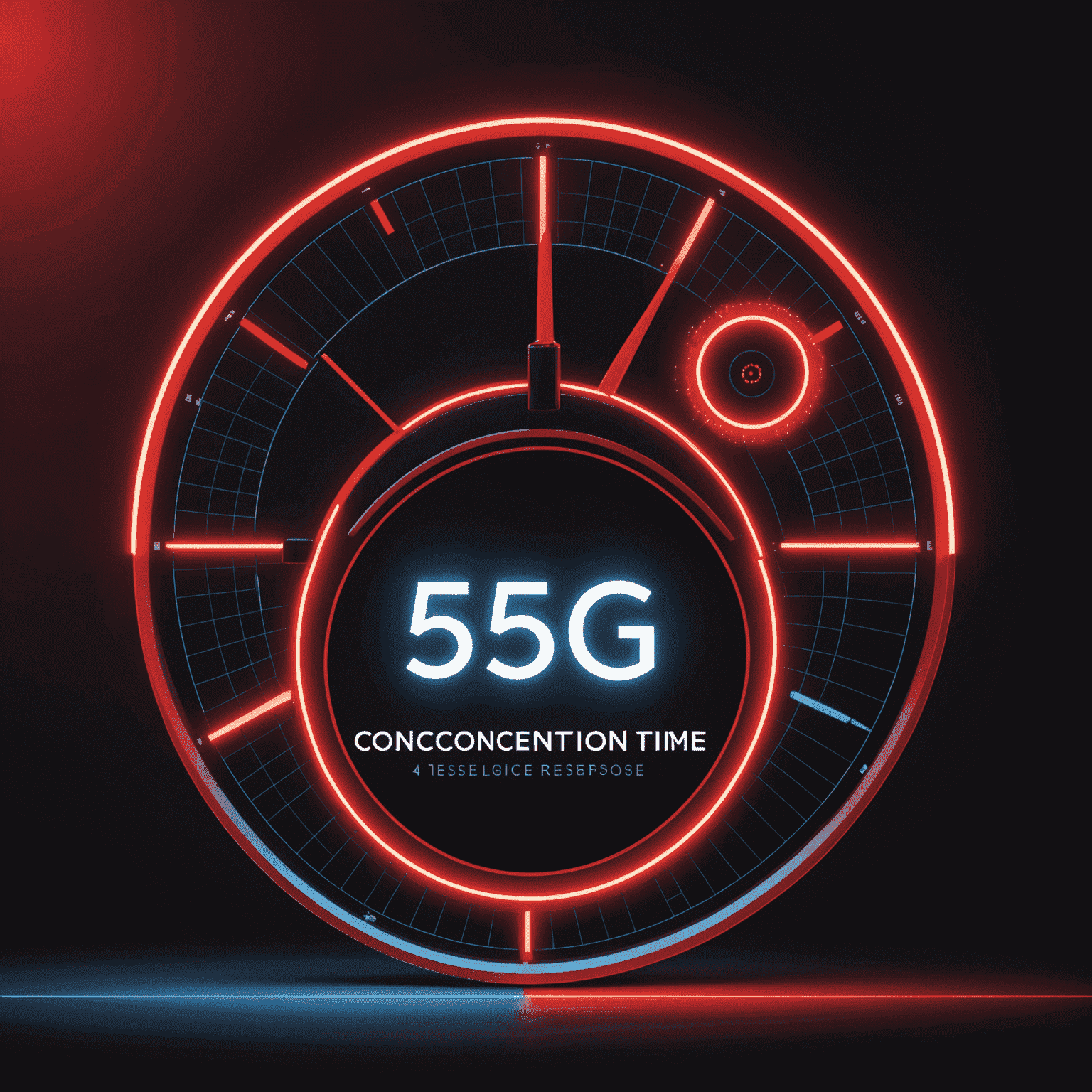 رسم بياني يوضح تأثير تقنية 5G على سرعة الاتصال وزمن الاستجابة مقارنة بالأجيال السابقة، مع تأثيرات نيون حمراء