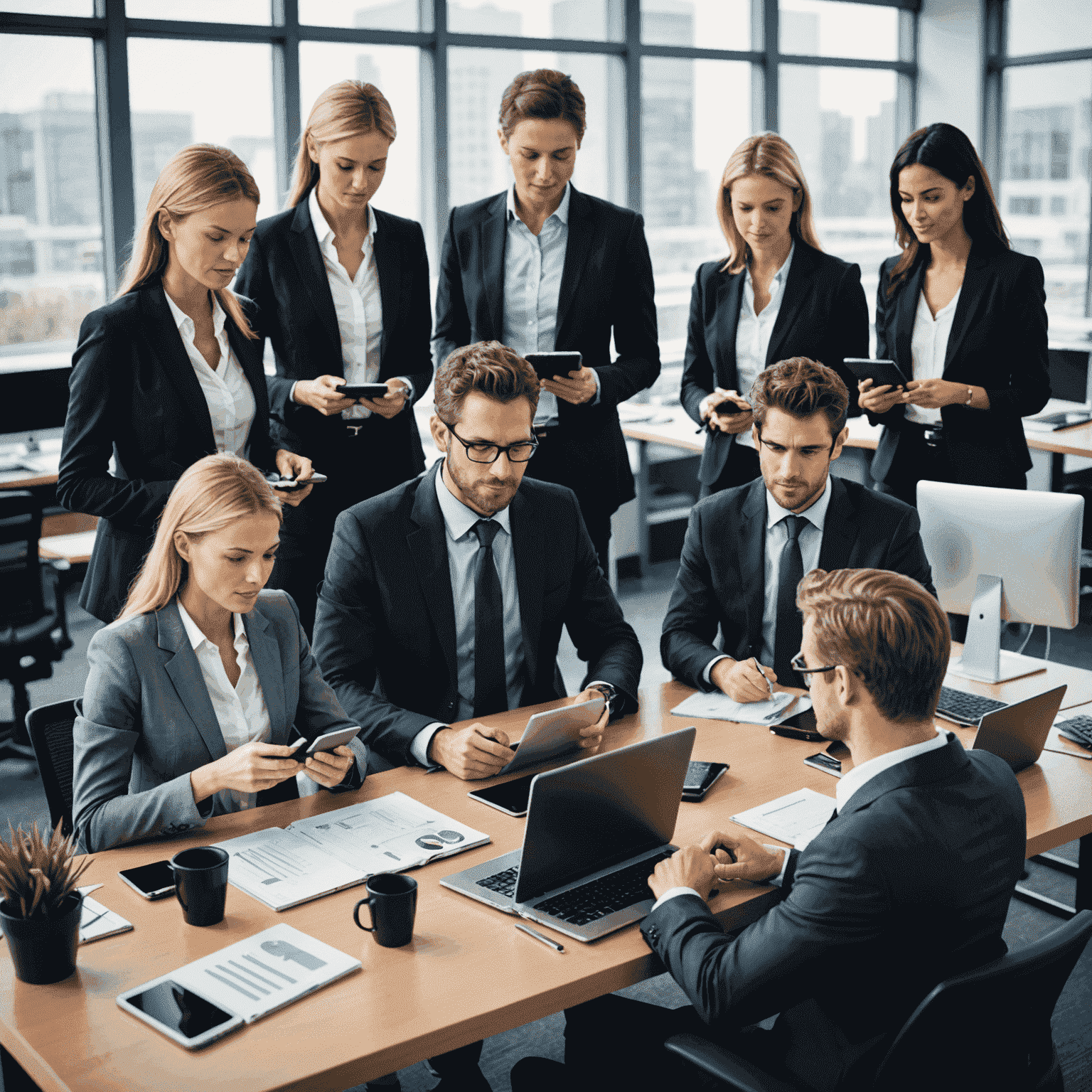 صورة توضيحية لحلول الأعمال، تظهر مجموعة من رجال الأعمال يستخدمون أجهزة اتصال مختلفة في بيئة مكتبية